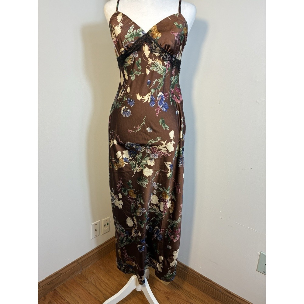 Good Luck Gem Slip Maxi Dress With Black Lace Sz M Brown Floral Y2K Dark Fairy